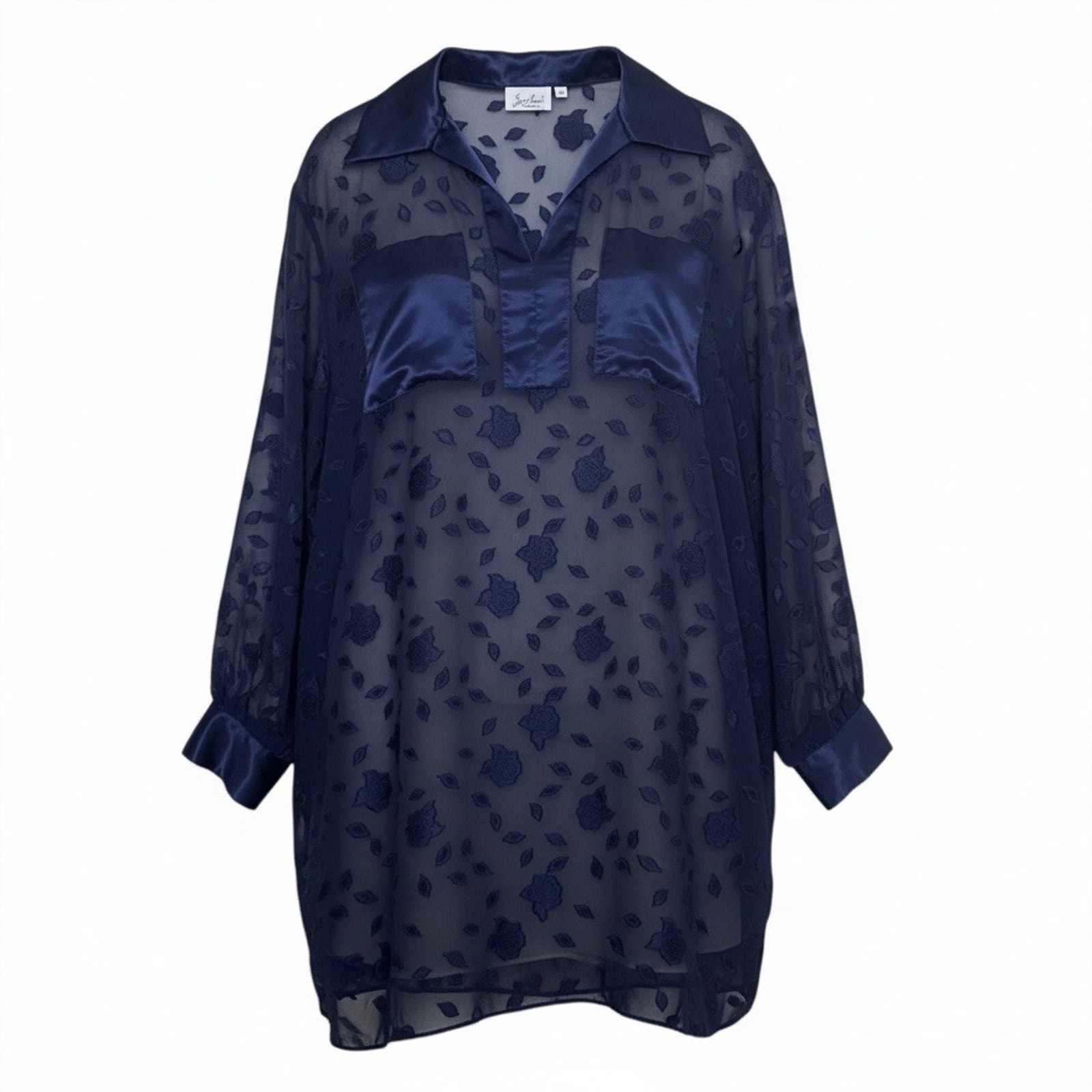 Vintage Lucie Ann Navy Sheer Floral Satin Collar Blouse Long Sleeve Usa L